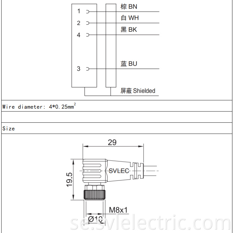 M8 female angle connector 4 pin size